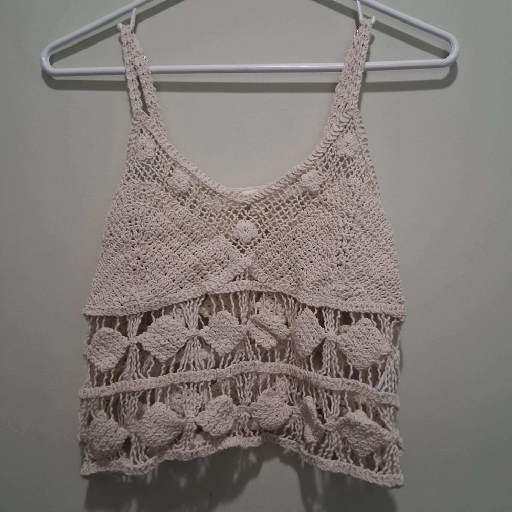 Rebellion Again Crochet Tank Top Womens Medium Cotton Boho Open Knit V-Neck Y2K